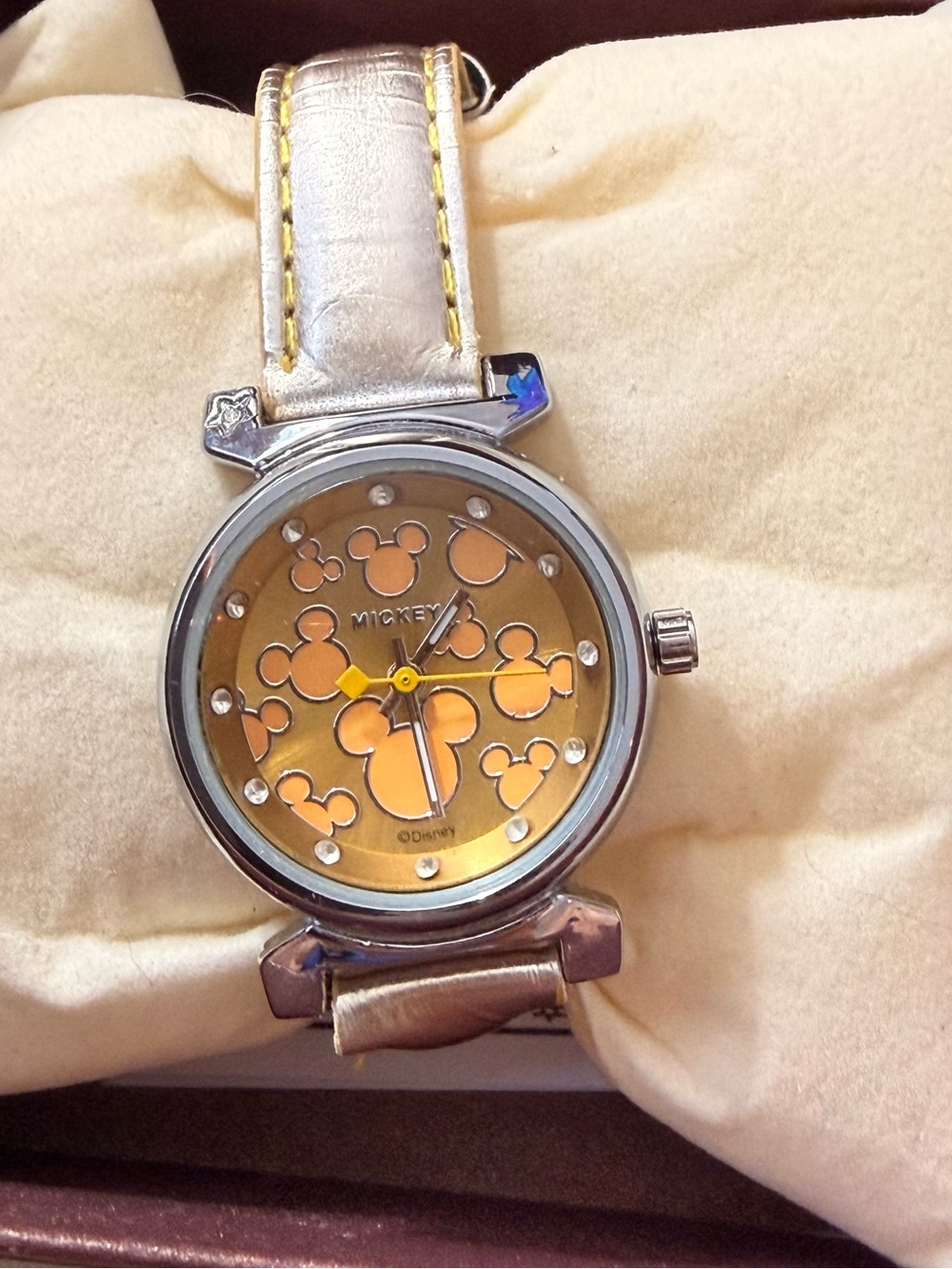 Vintage New Mickey Mouse Women's Gold Dial Watch with light yellow Strap